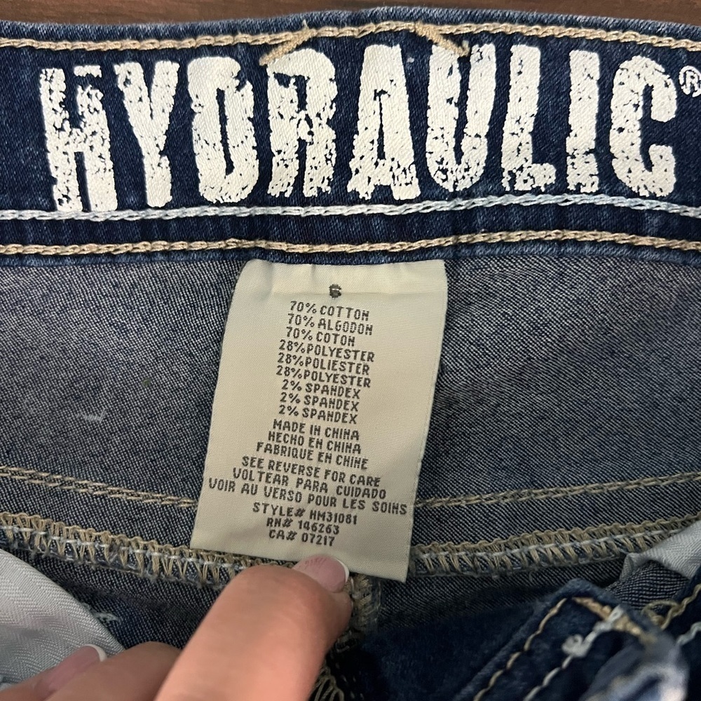 Hydraulic Floral Cuff Cropped Jeans Embroidered Pocket Stretch Denim - Size 6 - Picture 6 of 11